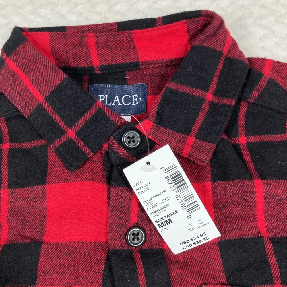 NWT Childrens Place Button Up Plaid Flannel Shirt Medium 7/8 Long Sleeve NEW $35